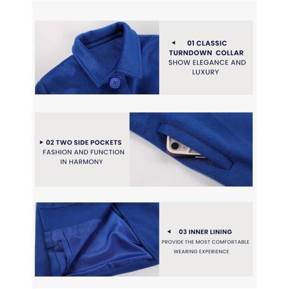 Womens Peacoat Faux Wool Blend Single Breasted Long Trench Coat Dress - Picture 3 of 6